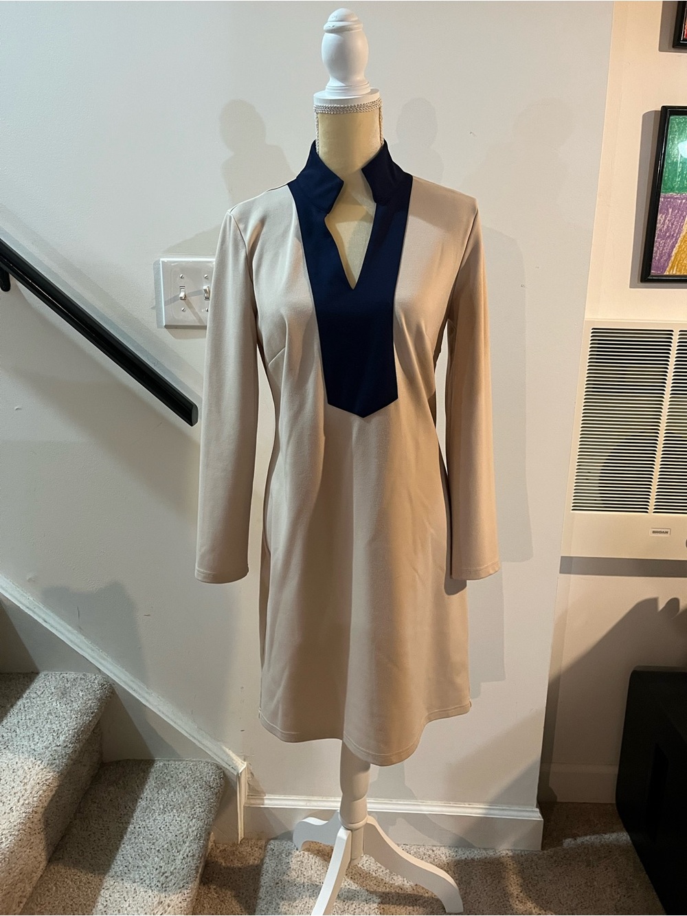 Beige Long-Sleeve Shift Dress with Navy Placket